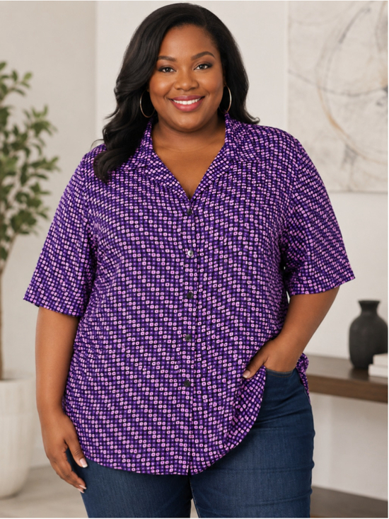 Notations Tops - Notations Button Down Shirt Purple Black Geometric Print Women’s plus Size 3X